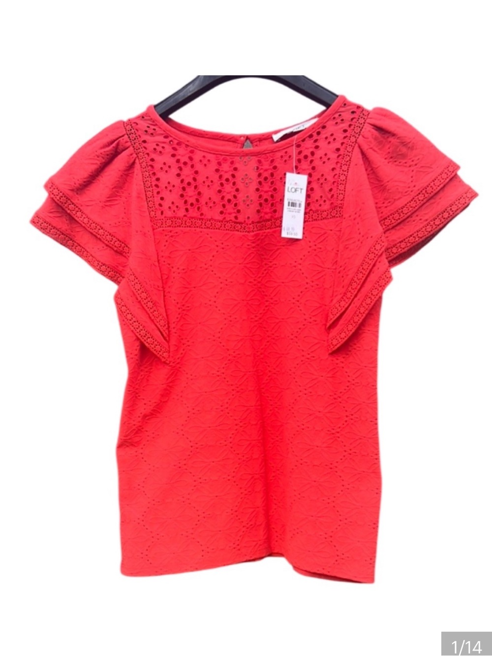 NWT LOFT Eyelet Flutter Sleeve Top Red Size XS Feminine